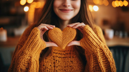 Woman in a cozy sweater making a heart shape with her hands, framed against a warm and inviting indoor background.の素材