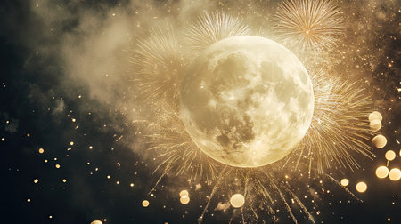 A close-up of fireworks bursts against the soft, glowing light of a supermoon, creating an awe-inspiring scene.の素材