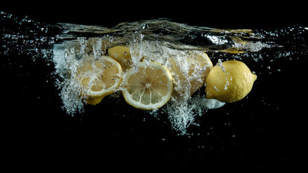 Whole and sliced lemons plunging into water, creating a lively splash with droplets frozen mid-air, symbolizing zest and refreshment.の素材