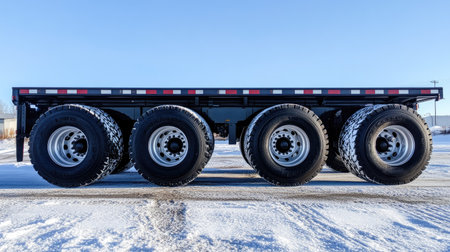 Side view of big black wheels on a semi-truck trailer, with tread patterns ideal for heavy cargo loads.の素材