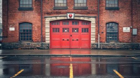 An old brick firehouse with its iconic red doors standing out in the scene.の素材