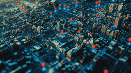 Aerial city view with blue and red location pins over various neighborhoods, showcasing tech-enhanced urban mapping.の素材