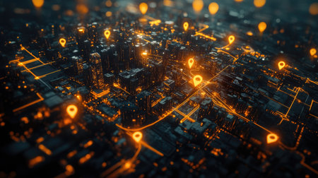 Aerial image of a city at night with glowing location pins marking popular spots, creating a connected digital map.の素材
