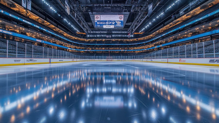 Wide view of an empty hockey rink with freshly zambonied ice, the reflections giving a sense of calm before the game.の素材