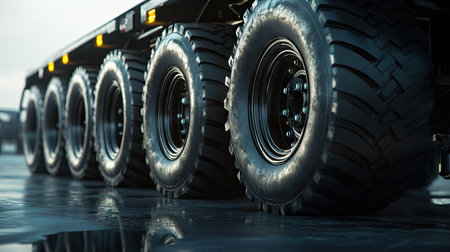 Row of big black wheels on a parked truck trailer, showcasing durability and ruggedness in design.の素材