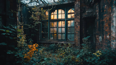 An abandoned brick building with boarded-up windows, surrounded by wild plants.の素材