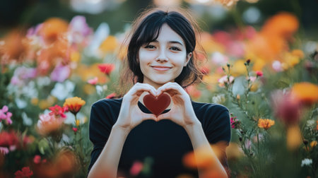 Woman forming a heart with her hands in front of her chest, against a blurred background of flowers.の素材