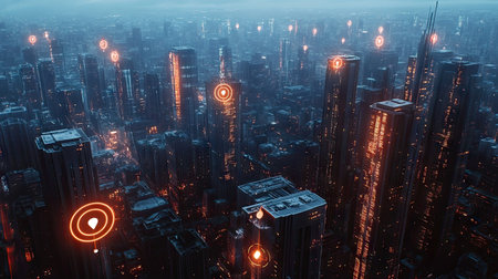 Aerial shot of a smart city with digital location pins over skyscrapers, emphasizing technology and innovation.の素材