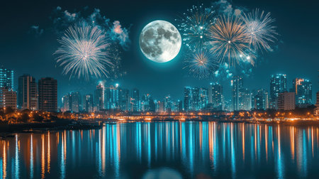 A festive display of fireworks and a supermoon over a cityscape, casting reflections on the water below.の素材