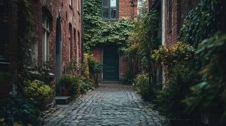 An aged brick building with ivy creeping up the walls, situated on a quiet cobblestone street.の素材