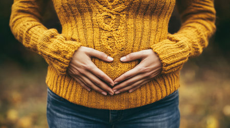 Woman making a heart shape with her hands over her stomach, symbolizing love and gratitude.の素材