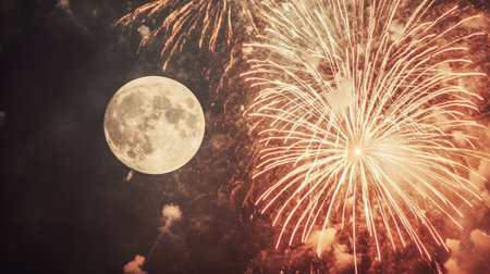 A close-up of fireworks bursts against the soft, glowing light of a supermoon, creating an awe-inspiring scene.の素材
