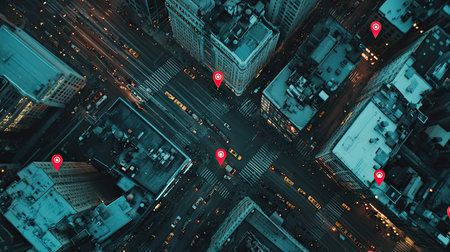 Aerial shot of a busy cityscape with red location markers over streets and buildings, symbolizing a connected urban map.の素材