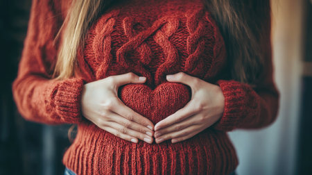 Woman making a heart shape with her hands over her stomach, symbolizing love and gratitude.の素材