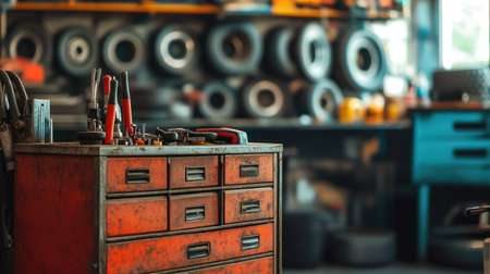 A mechanic's toolbox in the foreground with tires of different sizes visible in the background.の素材