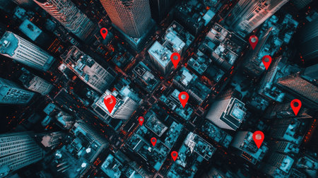 Aerial shot of a busy cityscape with red location markers over streets and buildings, symbolizing a connected urban map.の素材