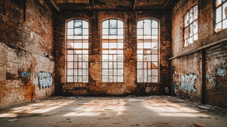 An abandoned brick warehouse with broken windows and graffiti-covered walls.の素材