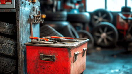 A mechanic's toolbox in the foreground with tires of different sizes visible in the background.の素材