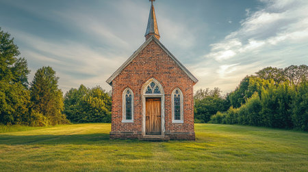 A small, old brick chapel in the countryside with a steeple and a wooden door.の素材