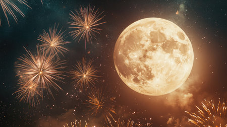 A display of bright fireworks against the large, glowing supermoon, set in a dark, starry sky.の素材