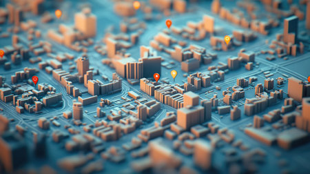 Aerial view of interconnected city blocks with location pins, highlighting logistics and urban planning.の素材