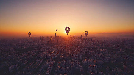 Aerial view of a modern city at sunset, with location pins marking popular destinations across the skyline.の素材