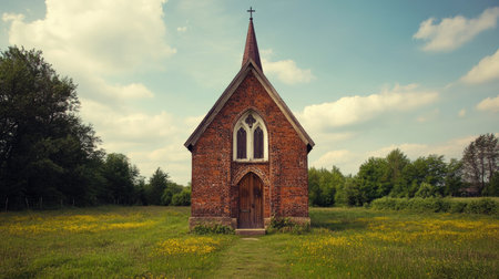 A small, old brick chapel in the countryside with a steeple and a wooden door.の素材