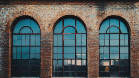 An industrial brick building with large arched windows, reflecting early th-century architecture.の素材