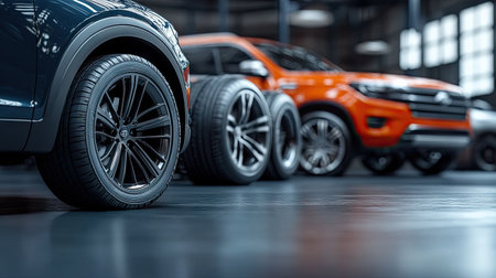 A side view of a sedan, SUV, and truck, each with their respective tires placed in front of them.の素材