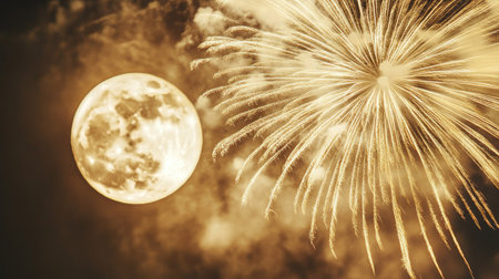 A close-up of fireworks bursts against the soft, glowing light of a supermoon, creating an awe-inspiring scene.の素材