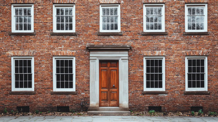 A colonial-era brick building with symmetrical windows and a central door.の素材