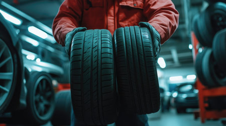 A dynamic photo of a mechanic holding tires of different sizes to fit various cars in a professional auto shop.の素材