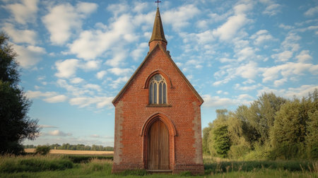 A small, old brick chapel in the countryside with a steeple and a wooden door.の素材