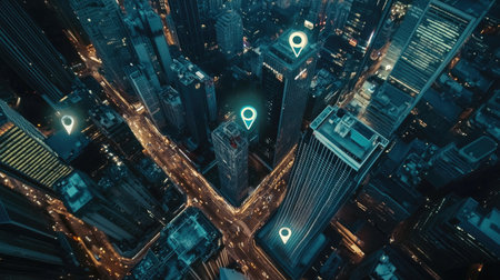 Aerial shot of a smart city with digital location pins over skyscrapers, emphasizing technology and innovation.の素材