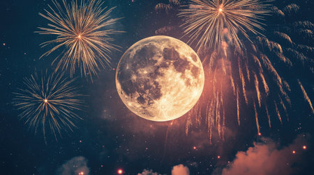 A display of bright fireworks against the large, glowing supermoon, set in a dark, starry sky.の素材