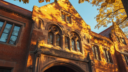 A historic brick building with ornate details, basking in warm golden hour light.の素材