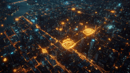Aerial image of a city at night with glowing location pins marking popular spots, creating a connected digital map.の素材