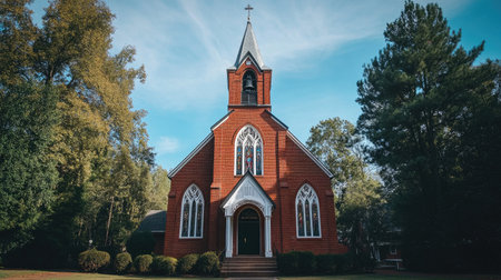 A historic red-brick church with tall stained-glass windows and a bell tower.の素材
