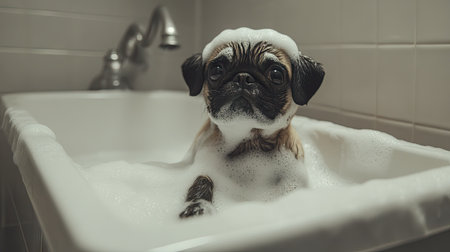 A small pug with foam-covered fur sitting in a bathtub, looking playfully at the camera.の素材