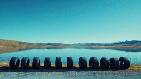 A scenic shot of car tires of varying dimensions lined up near a calm lake under a clear blue sky.の素材