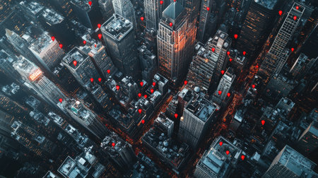 Aerial view of a bustling modern city with red location pins scattered across skyscrapers and streets, symbolizing urban connections.の素材