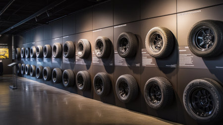 An educational display of tires labeled with their specifications and sizes in a professional setting.の素材