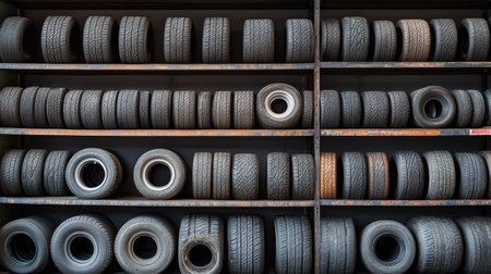 A display of car tires in various sizes arranged neatly in a garage, showcasing diversity in width, diameter, and tread patterns.の素材