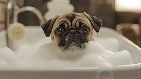 A small pug with foam-covered fur sitting in a bathtub, looking playfully at the camera.の素材