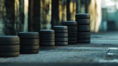 An outdoor scene with tires of varying sizes lined up on a pavement, emphasizing differences in their heights.の素材