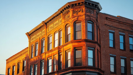 A historic brick building with ornate details, basking in warm golden hour light.の素材