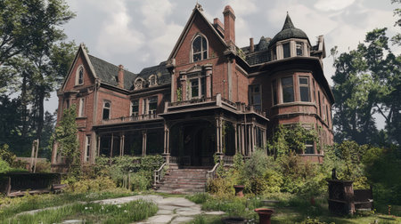 A grand Victorian-era brick mansion with intricate details and overgrown gardens.の素材
