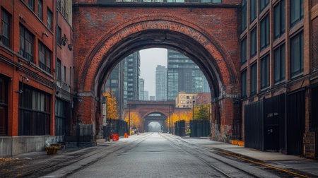 A grand old brick railway arch in an urban setting, framed by modern construction.の素材