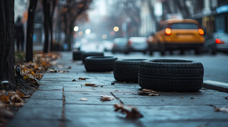 An urban setting with tires of different sizes placed along a modern sidewalk for an artistic vibe.の素材