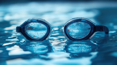 Swimming goggles on a wet poolside surface, with water droplets around, capturing a ready-to-swim moment by the pool.の素材